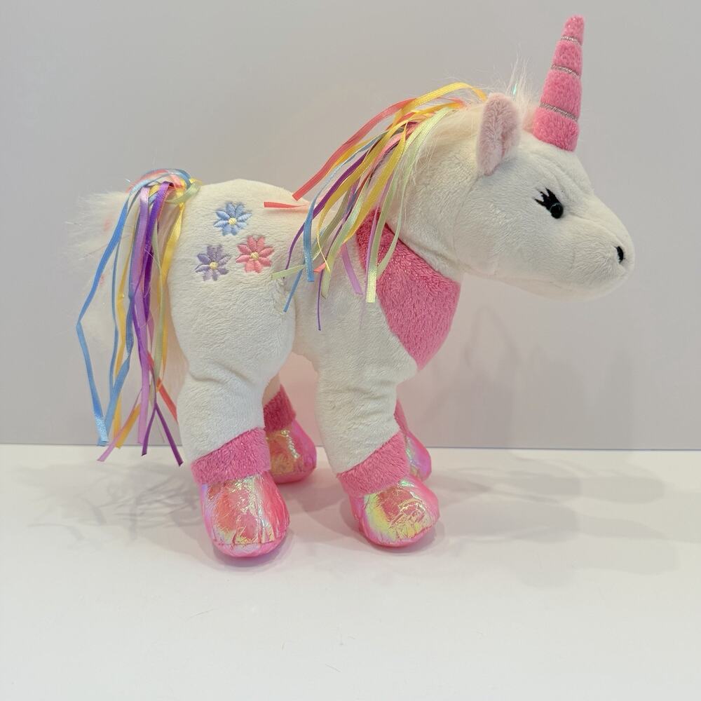 Ganz Webkinz Ribbon Unicorn Pink Horn Plush 10" Stitch Flower Shiny Filament Toy
